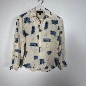 Linda Hutton Petite Women Silk Button-Up Shirt Size 8P Blue Brushstroke & Floral